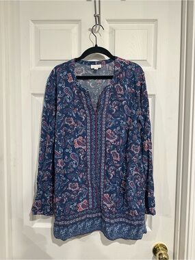 J. Jill Paisley V-Neck Blue Tunic with Red Accents
